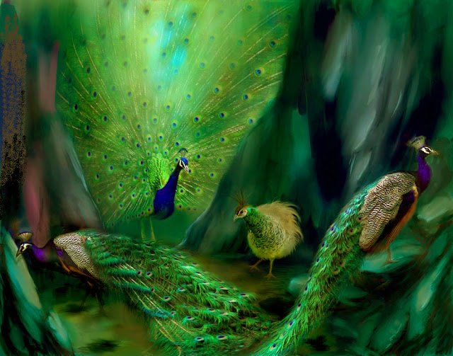 Colorful peafowl scene: vibrant green and blue peacocks fanning iridescent tail feathers with a small chick amid lush foliage.