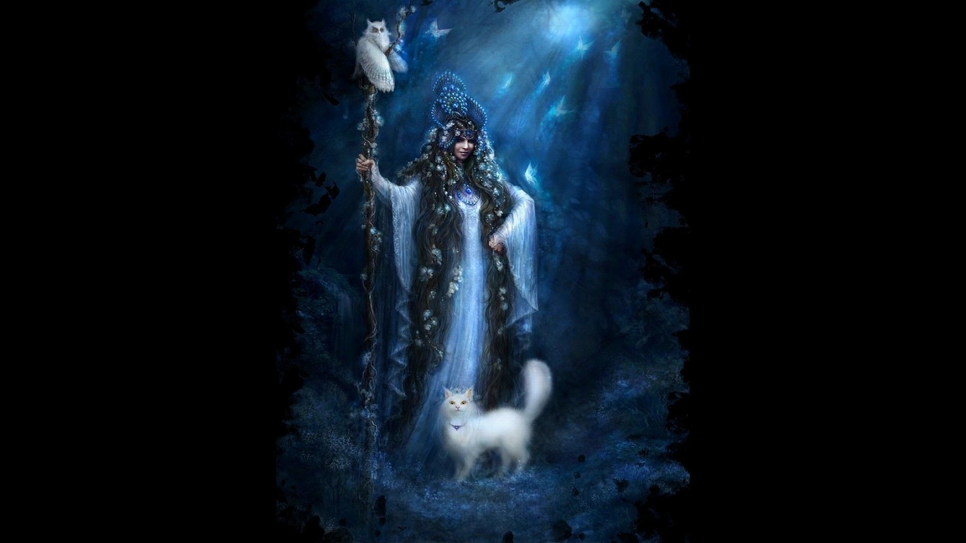 Download Fantasy Cat Staff Blue Woman Image
