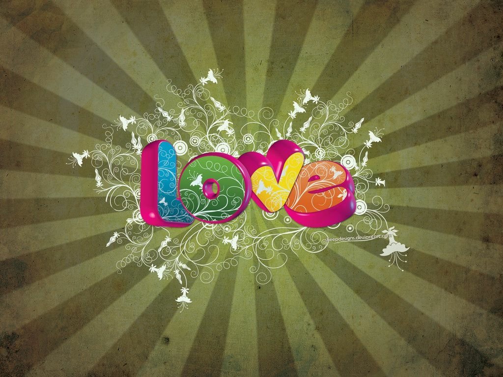 An abstract artwork featuring the word love in vibrant colors, surrounded by intricate swirls and butterflies, set against a textured, striped background.