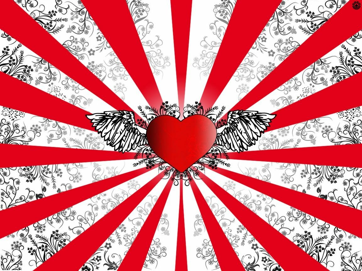 An abstract design featuring bold red, black, and white stripes, centered around a vivid red heart with decorative wings, embodying themes of love and passion.