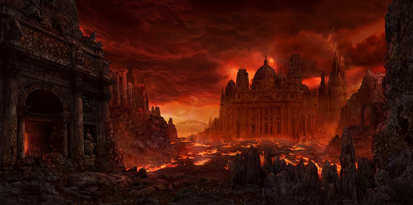 Download Red Ruin Sky Fire Landscape Building City Dark Fantasy Hell ...