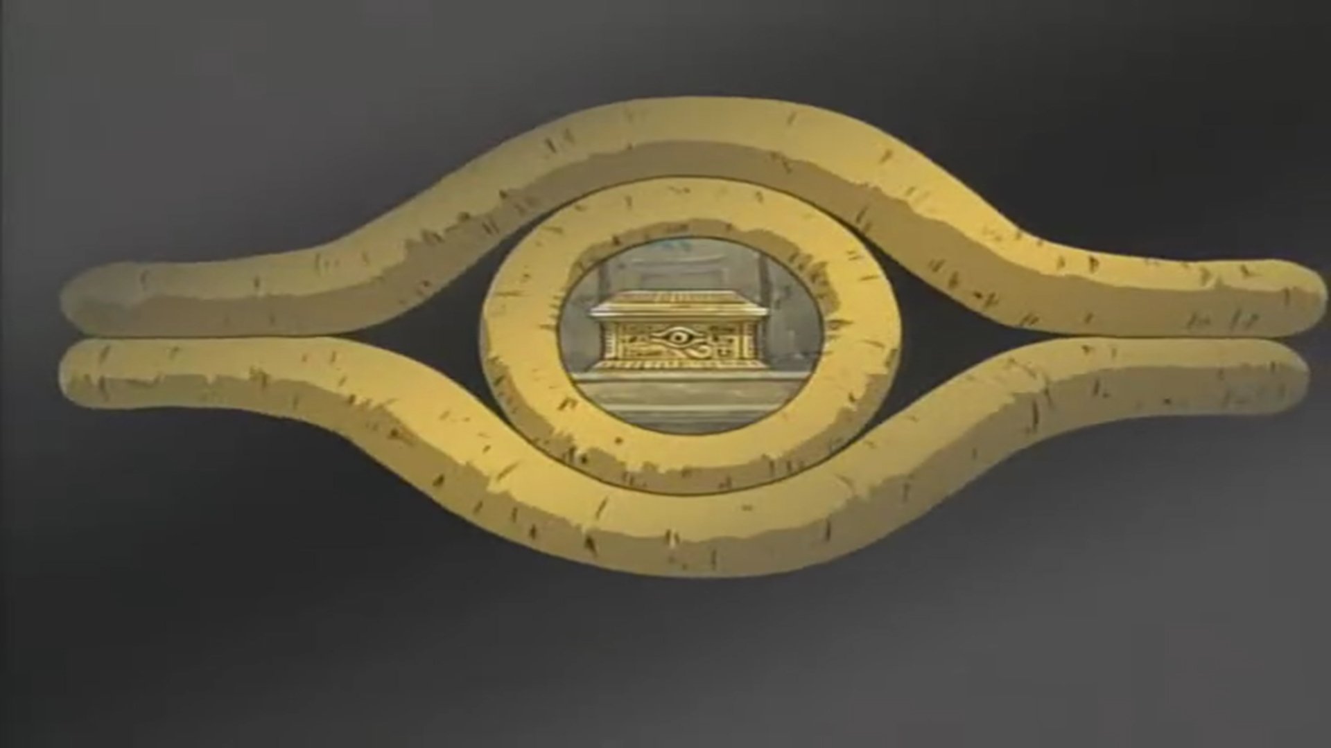 Anime Yu-Gi-Oh! depiction of the golden Millennium Eye: an eye-shaped relic with concentric bands and a small tomb-like scene inside the central oval.