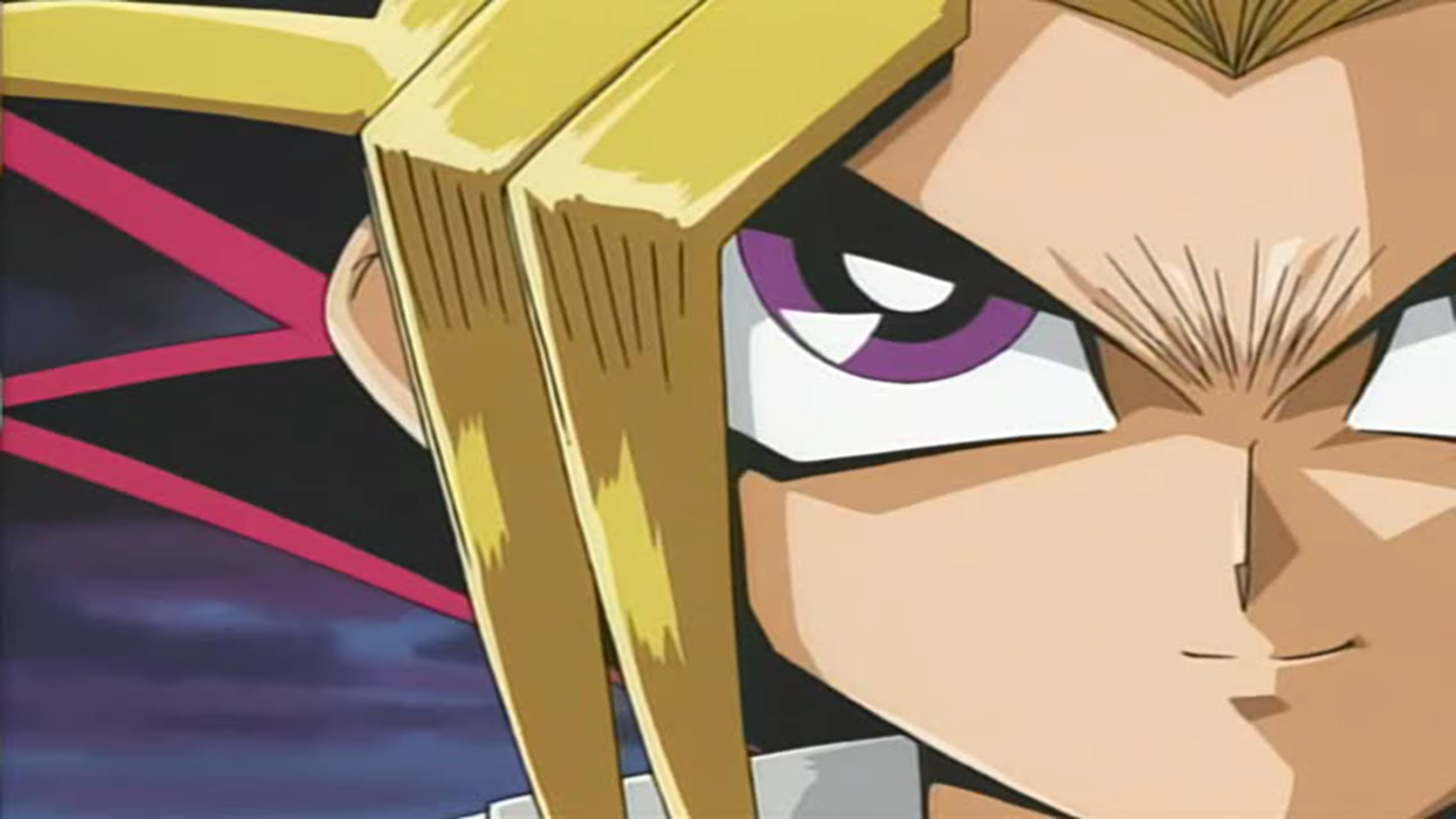Close-up of Yugi Mutou from the anime Yu-Gi-Oh!, showcasing his distinctive spiky blonde and black hair and intense purple eyes.