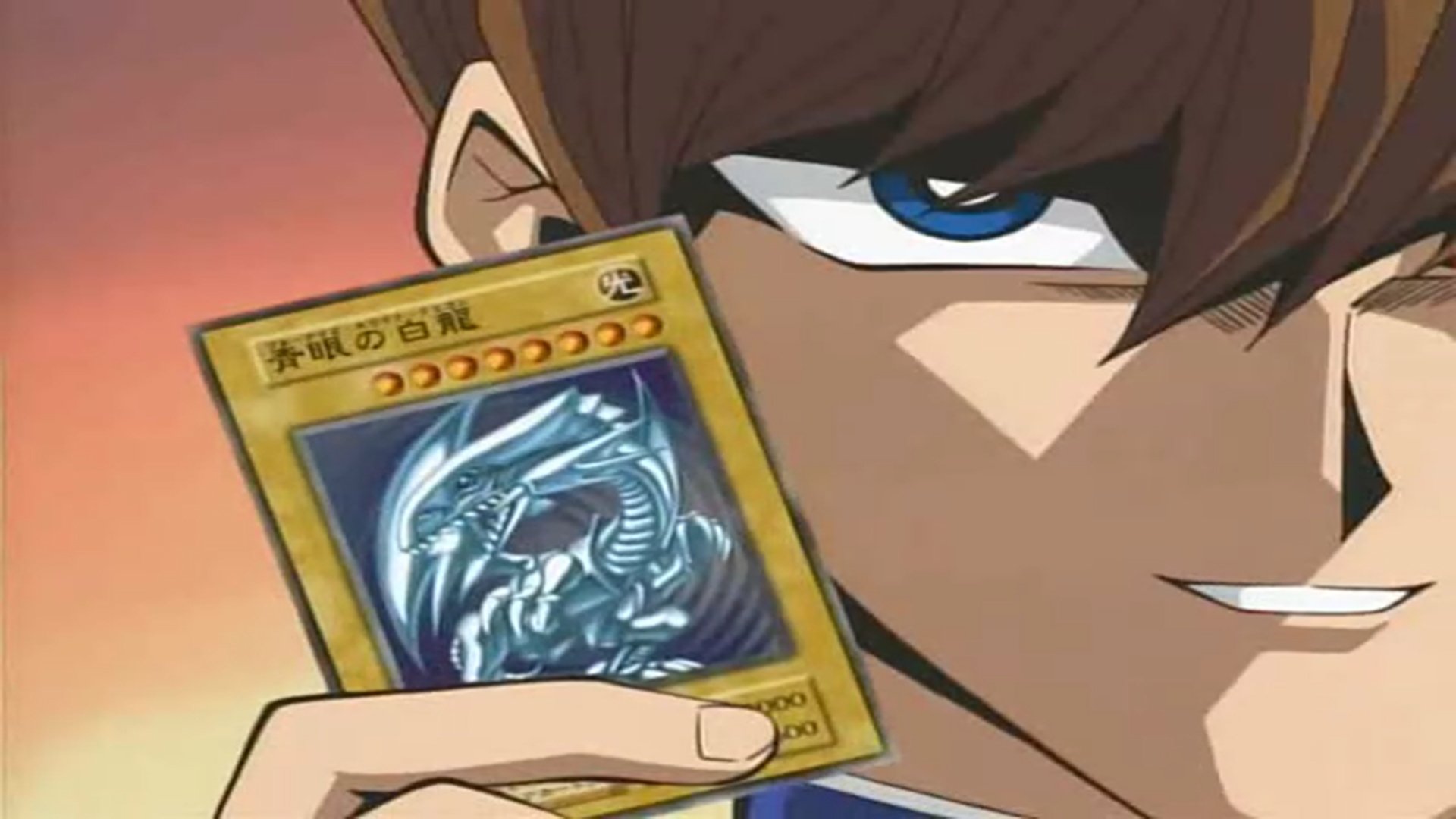 Anime-style close-up of a character from Yu-Gi-Oh! holding a Blue-Eyes White Dragon card with a confident expression.
