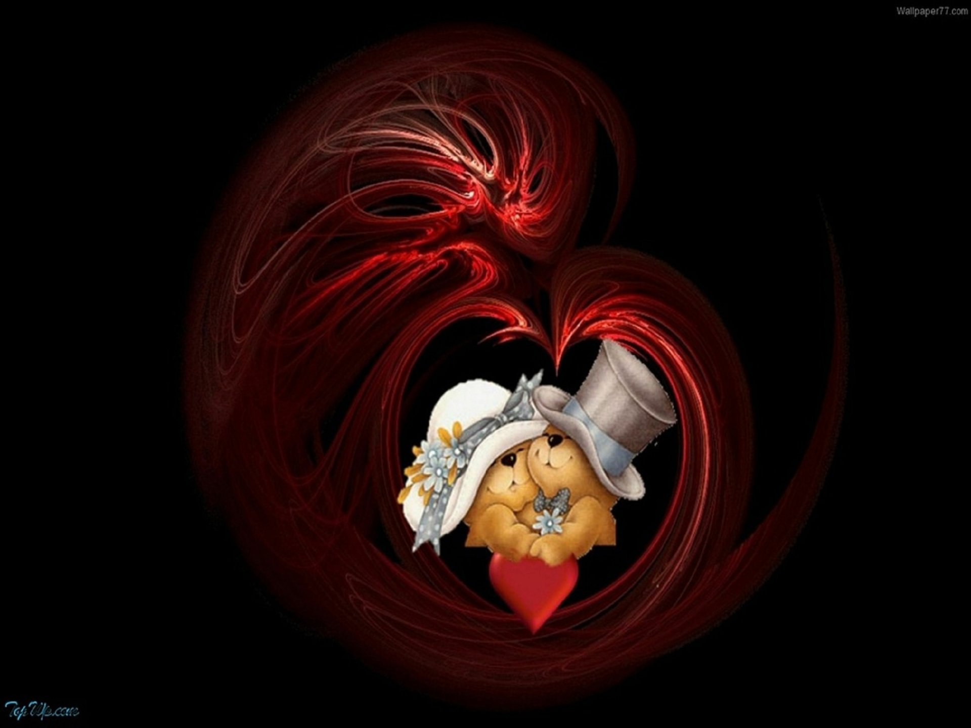 A heart-shaped design features two adorable bears wearing a hat and a wedding bouquet, surrounded by swirls of vibrant red, capturing a sense of artistic love and affection.