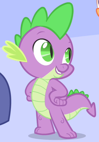 Spike, the small purple and green dragon from the TV show My Little Pony: Friendship Is Magic, is shown standing with a confident smile.