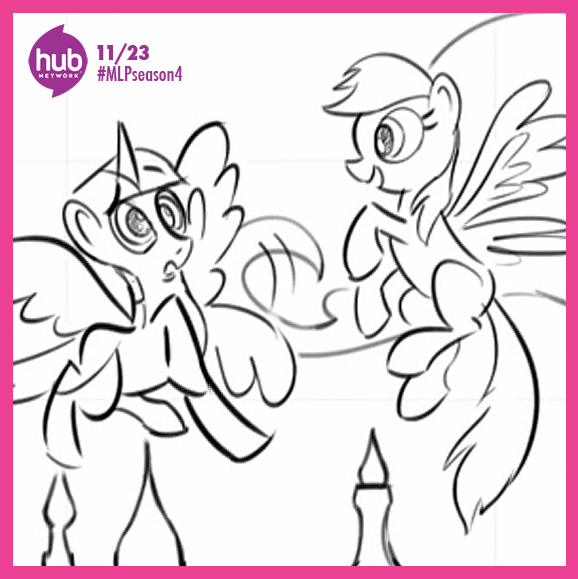 Sketch of two ponies from the TV show *My Little Pony: Friendship Is Magic*, featuring one unicorn and one pegasus in a playful scene.