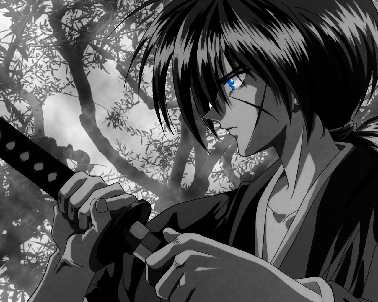 Rurouni Kenshin anime: Himura Kenshin grips his katana beneath trees, scarred cheek and piercing blue eye, tense and focused.