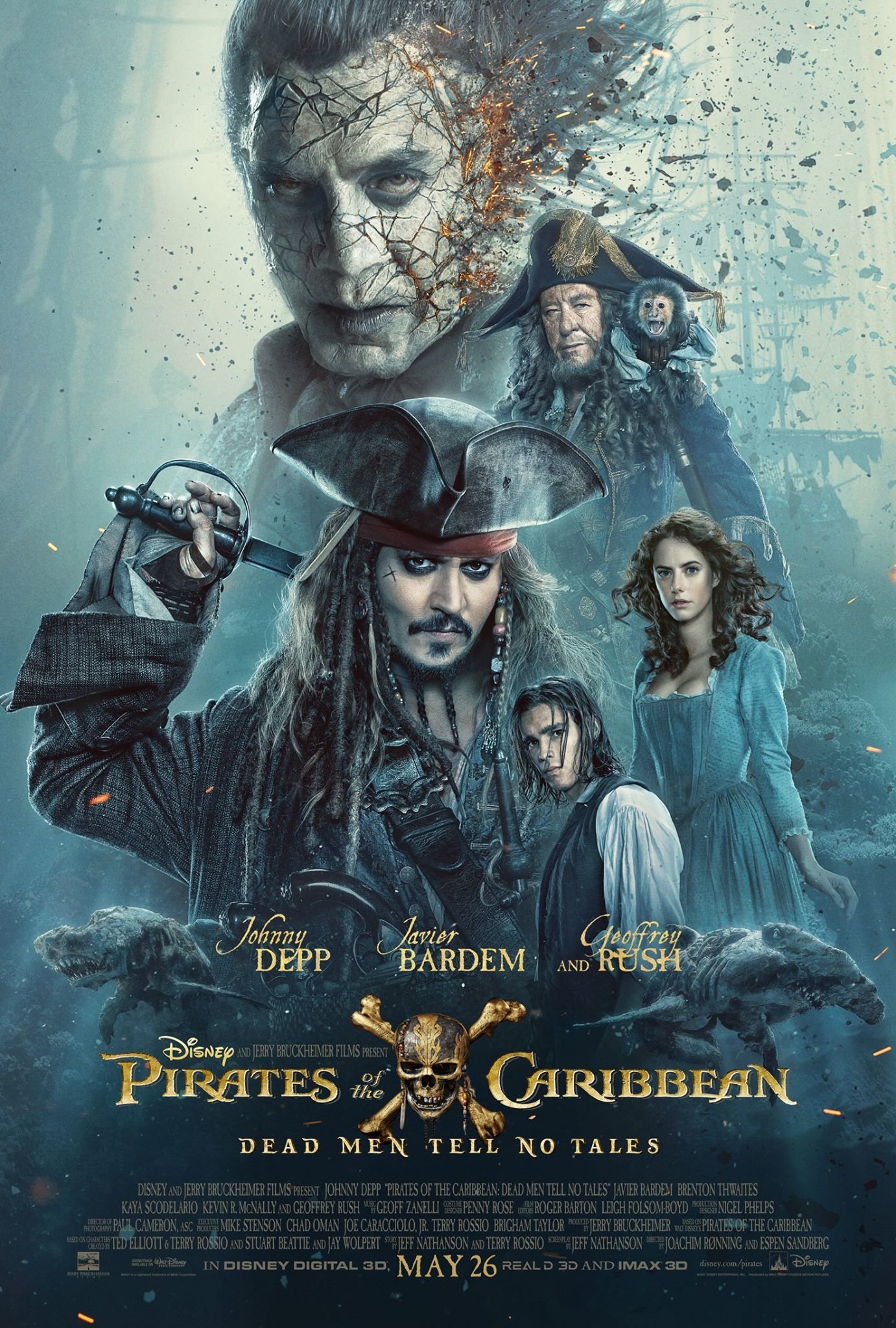 Movie poster for Pirates of the Caribbean: Dead Men Tell No Tales, featuring Jack Sparrow and Hector Barbossa amid ghostly faces, stormy seas and pirate iconography.