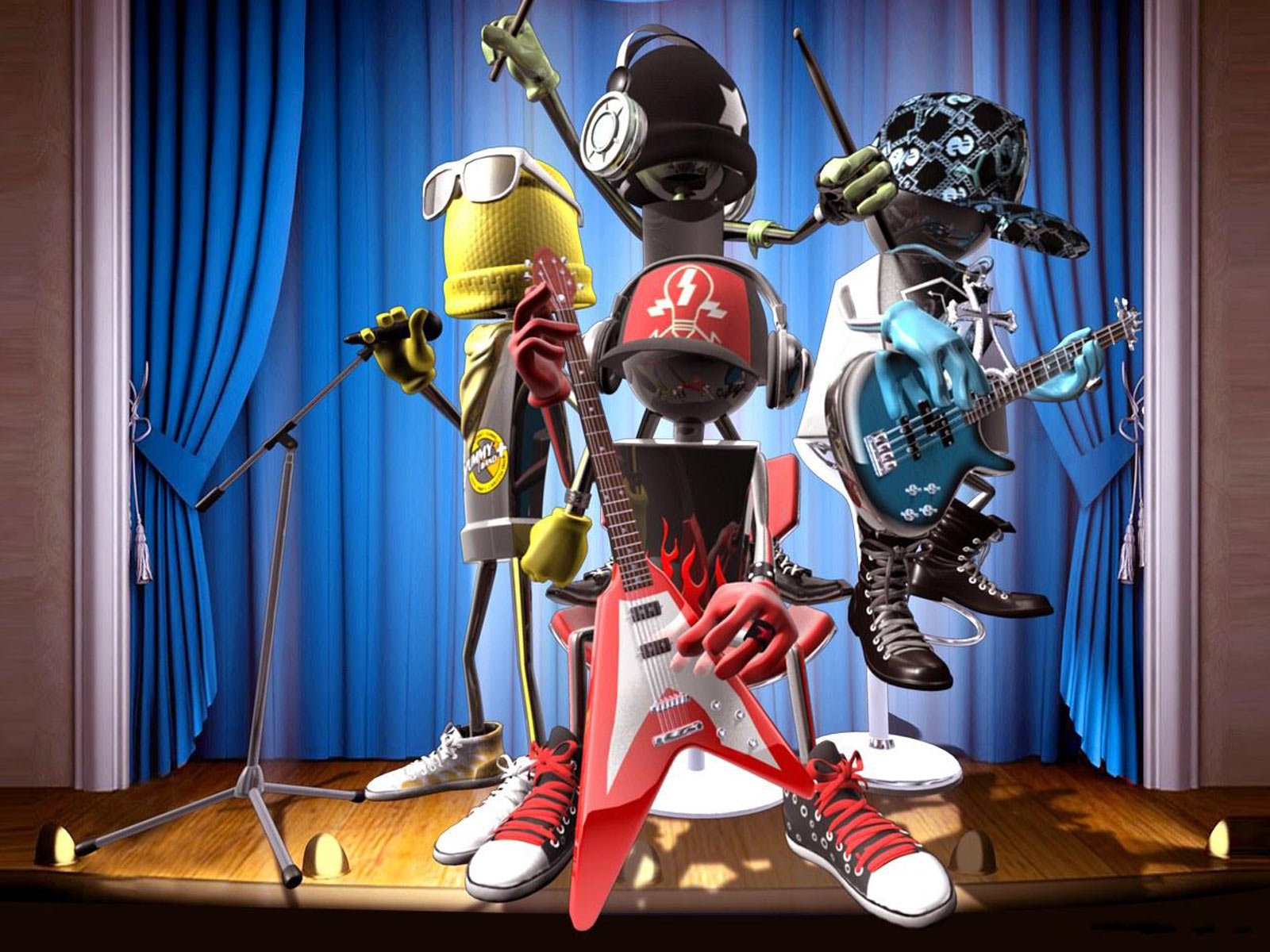 A stylized, artistic band of animated characters performs rock music on a stage with microphones and blue curtains.