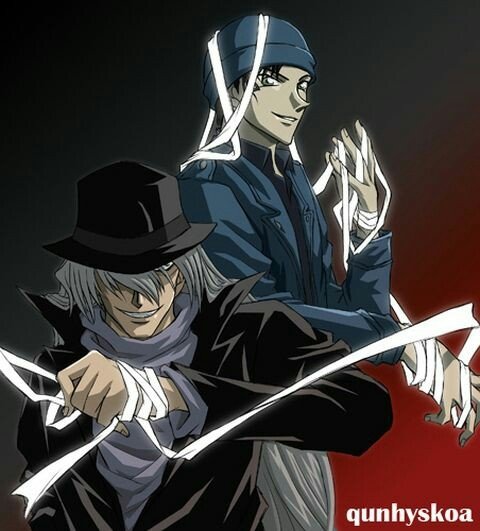 Anime art from Case Closed (Detective Conan): two sinister figures—one in a fedora and coat, the other in a blue cap—wrapped and entangled in glowing white ribbons.