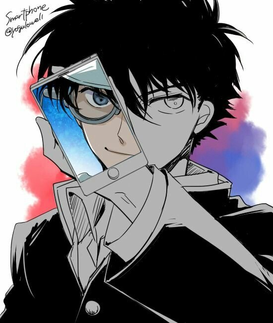 Anime portrait of Kaito Kuroba/Kaito Kid and Shinichi Kudo/Conan Edogawa: dark-haired teen holds a mirror fragment showing a masked reflection against a red-and-blue wash background.