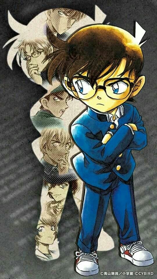 Conan Edogawa in a blue suit and glasses stands with arms crossed before a shadowy Shinichi Kudo silhouette filled with faces — Case Closed (Detective Conan) anime artwork.