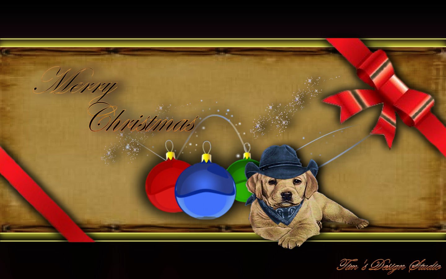 A cheerful holiday image featuring a dog in a blue hat alongside colorful Christmas ornaments and a festive Merry Christmas message, accented with a red ribbon.