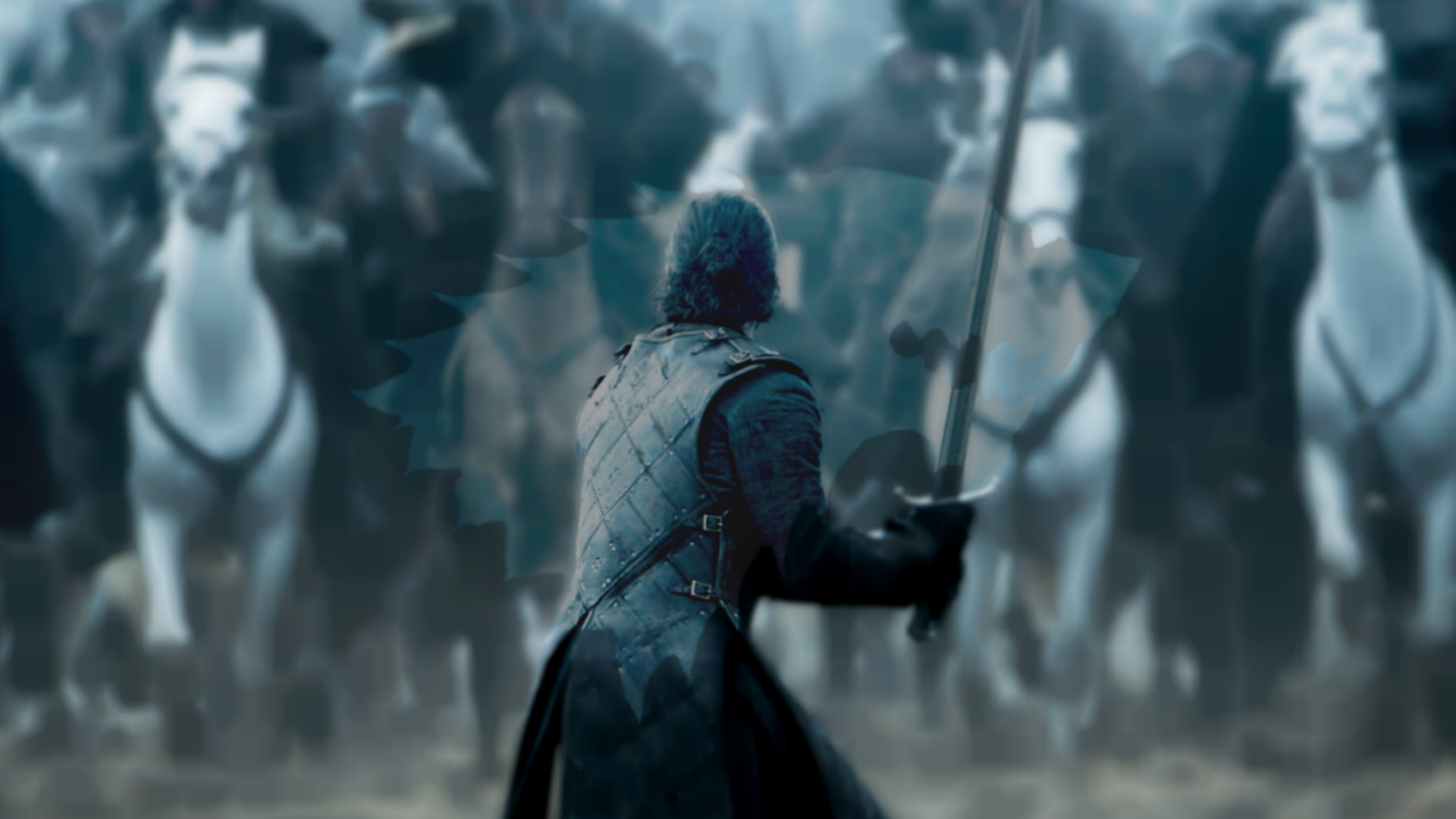 A dramatic scene from Game of Thrones featuring a character with a sword, facing a charging group of horses, set against a misty battlefield backdrop.