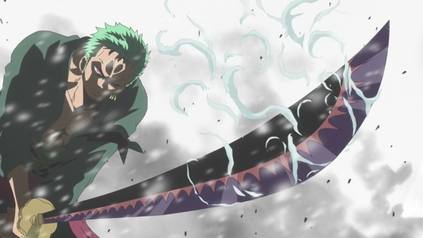 Roronoa Zoro from the anime One Piece wields a large sword, surrounded by swirling mist and an intense atmosphere.