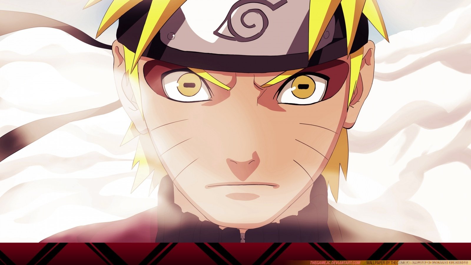 Close-up of Naruto Uzumaki from the anime Naruto, showing his intense gaze, signature headband, and whisker-like marks on his face.