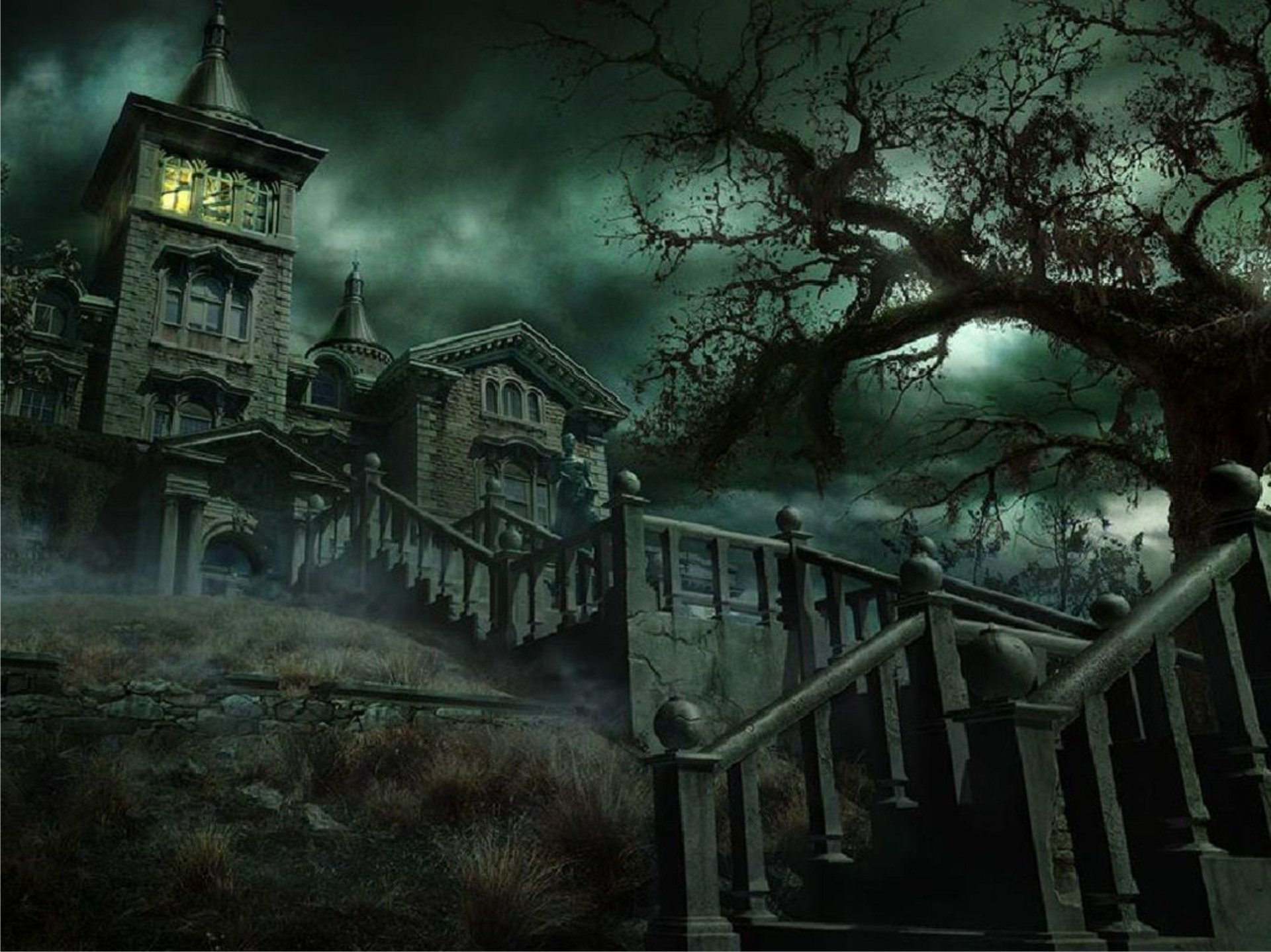 Download Tree Night Victorian Dark House Image
