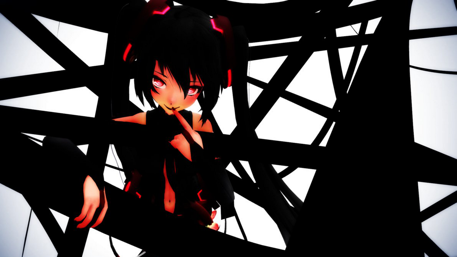 Anime-style depiction of Zatsune Miku, a dark-themed variation of Hatsune Miku from the Vocaloid series, surrounded by stark black and white abstract shapes.