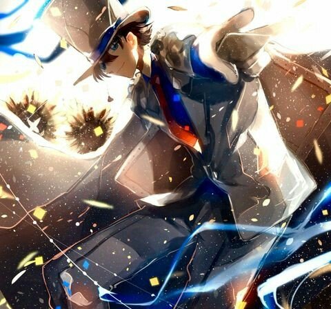 Kaito Kuroba as Kaito Kid in a dynamic anime-style scene with vibrant colors, featuring magic and action elements from Magic Kaito and Detective Conan.