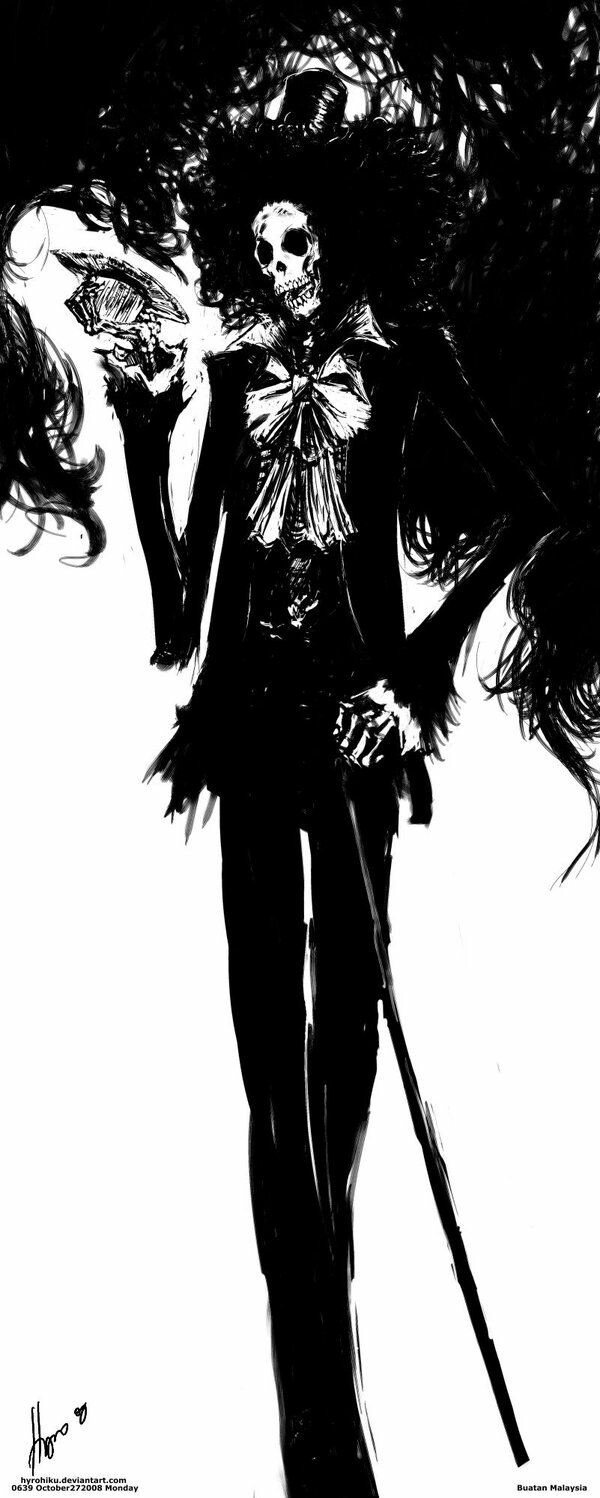 Black-and-white ink sketch of Brook from One Piece anime, depicting his skeleton form in a suit with an afro and a cane, surrounded by dark swirling shadows.