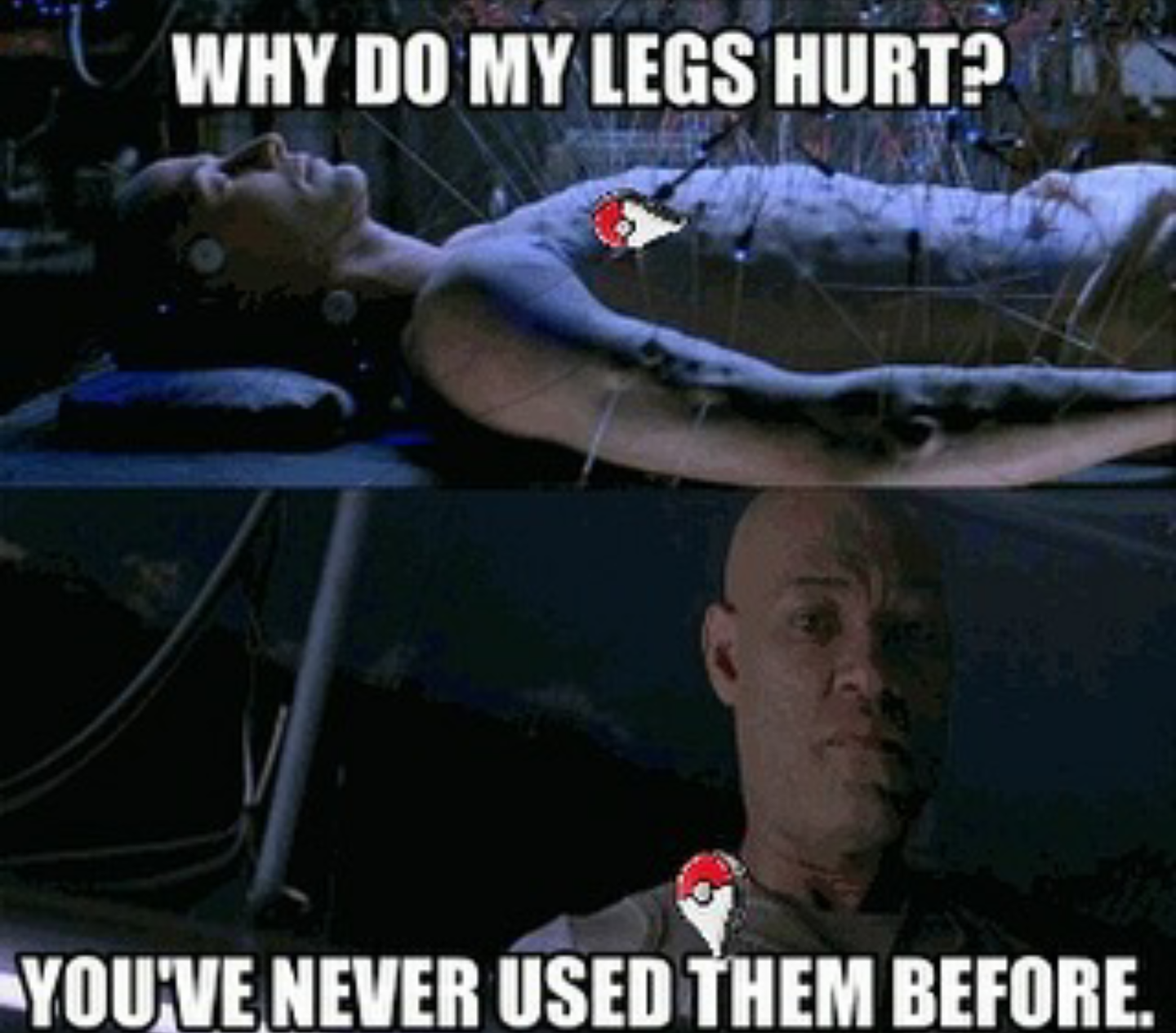 A meme referencing Pokémon Go humorously depicts a character questioning leg pain with a reply about never using them, blending gaming culture and relatable humor.