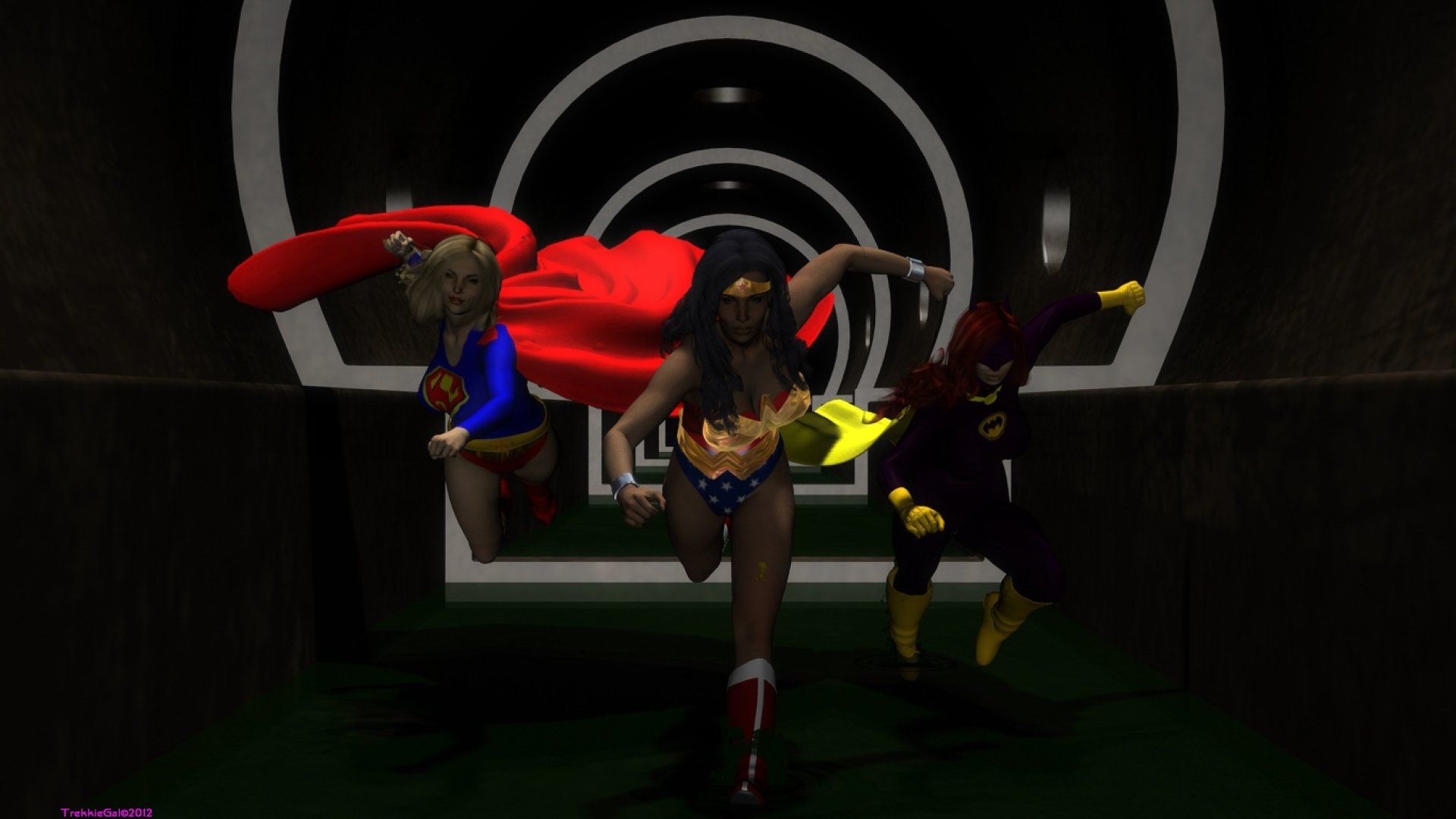 DC Comics heroines Wonder Woman (center), Supergirl (left) and Batgirl (right) sprint toward the viewer in a dark tunnel, capes billowing.