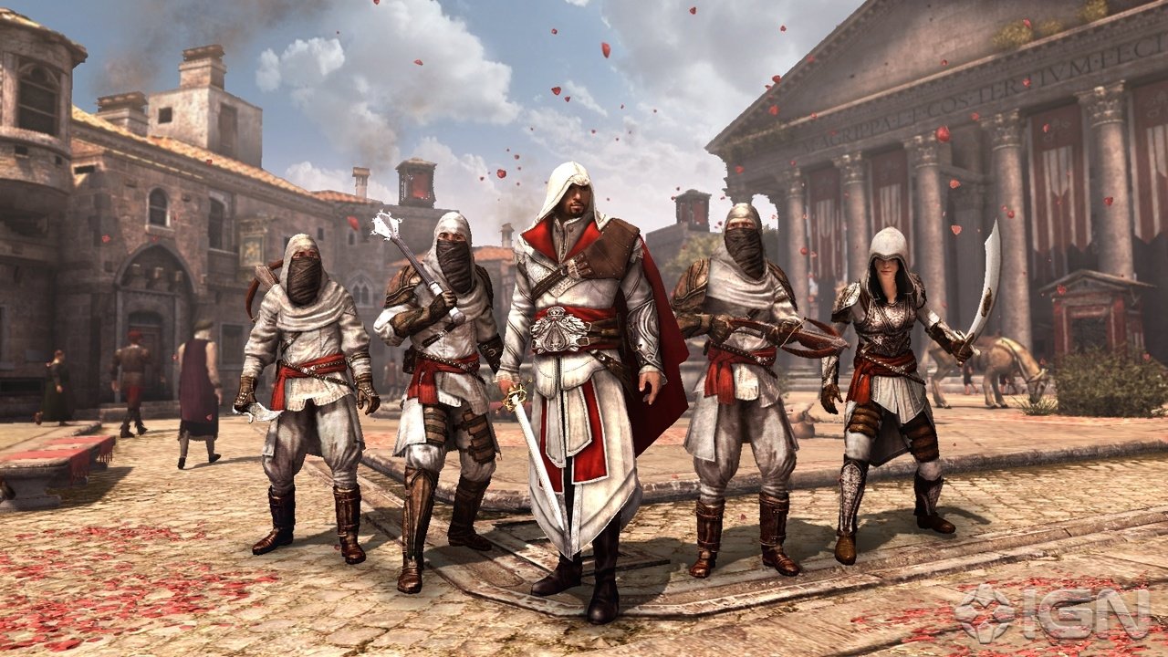 A group of five assassins dressed in white suits confidently walk through a historic city square in the video game Assassin's Creed: Brotherhood.