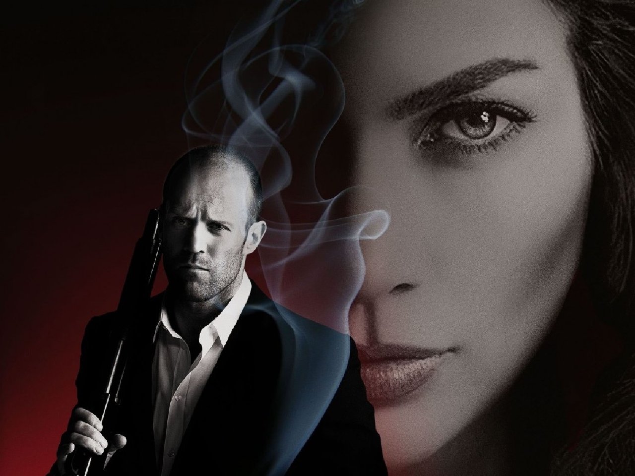 Poster for the movie Parker: a stern suited man holding a shotgun beside a large close-up of a woman's face with smoke curling between them.