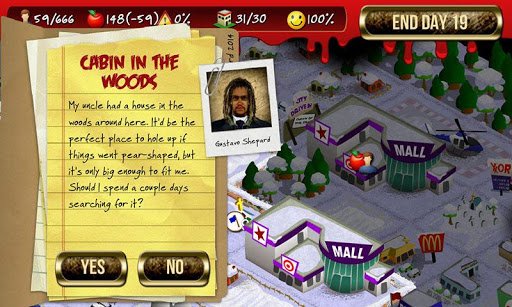 Gameplay screenshot from the video game Rebuild showing a decision prompt about a cabin in the woods amid a mall area with resource and day counters.