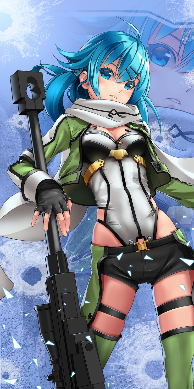Anime character Shino Asada with teal hair and white scarf, wearing a tactical outfit and thigh-highs, gripping a large sniper rifle in a confident pose against an icy blue background.