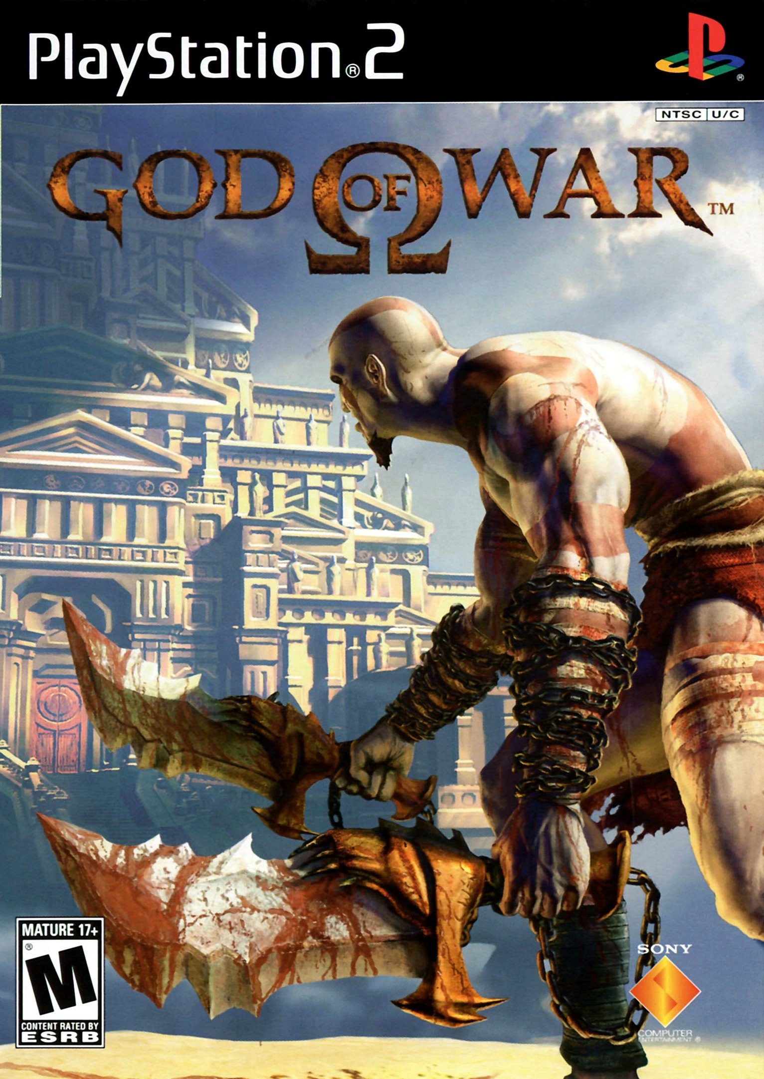 PlayStation 2 cover art for the video game God of War: Kratos, a pale, red‑tattooed warrior, grips chained blades while overlooking a crumbling ancient Greek city.