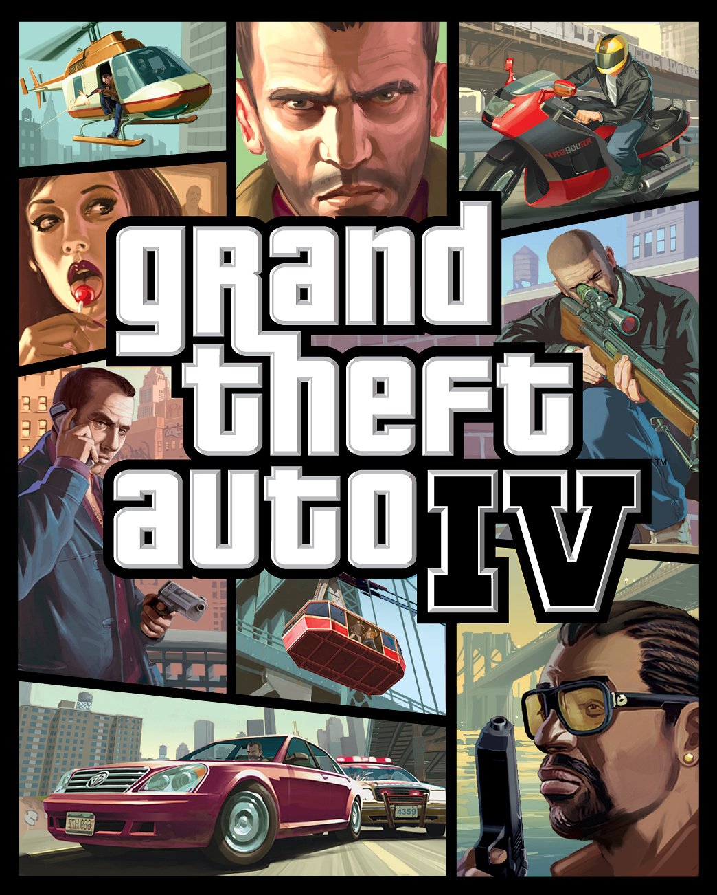 Video game cover for Grand Theft Auto IV: bold logo over a collage of gritty characters, armed criminals, helicopter, motorcycle, car and urban skyline.
