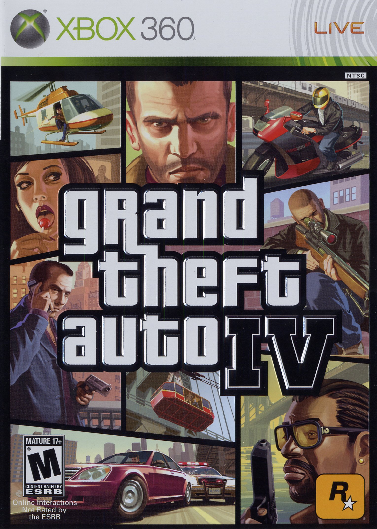 Video game cover for Grand Theft Auto IV: collage of gritty characters, armed men, helicopter, motorcycle and cars with the game's bold logo and Rockstar emblem.
