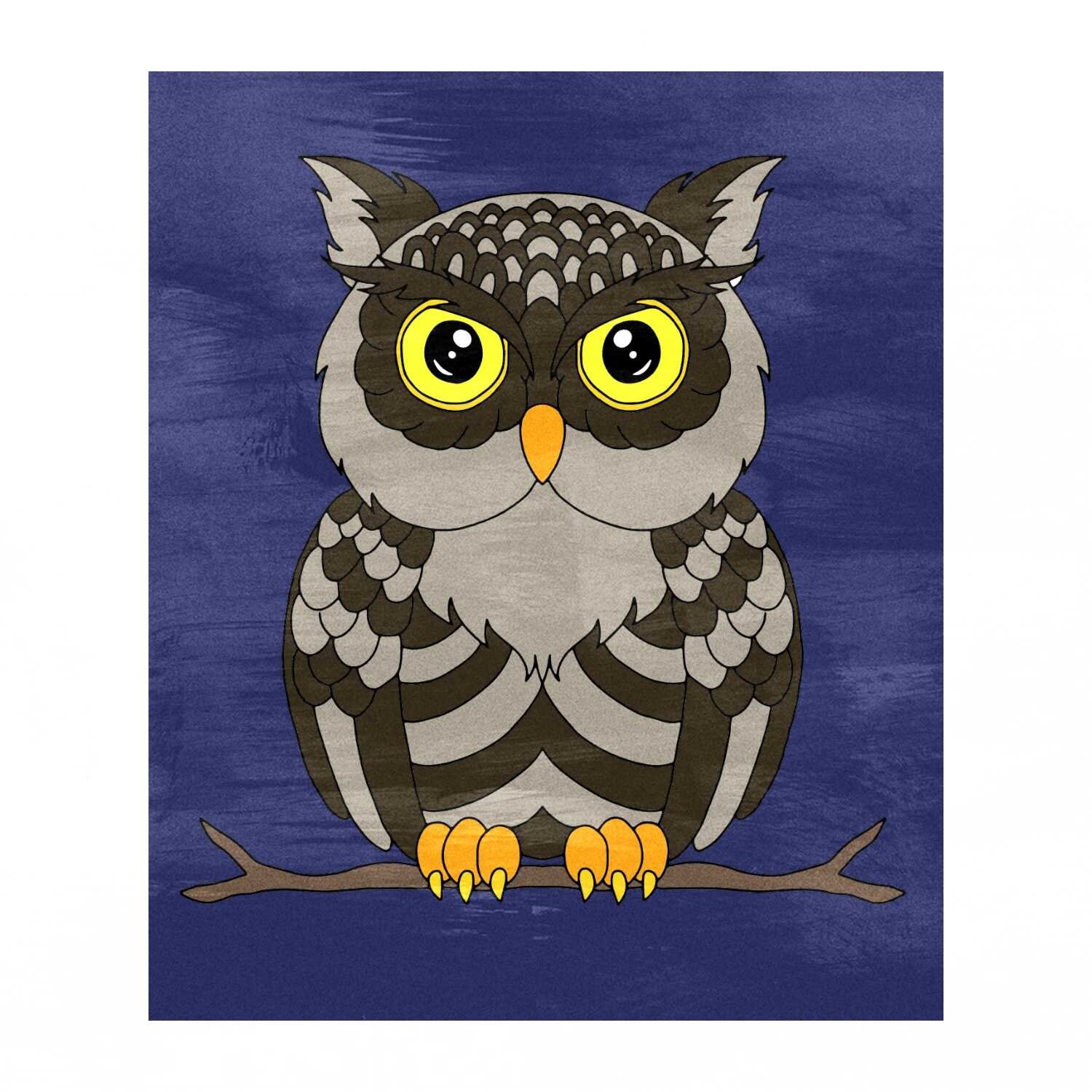 Illustration of an owl with large yellow eyes, patterned feathers, and orange feet, perched on a branch against a dark blue background.