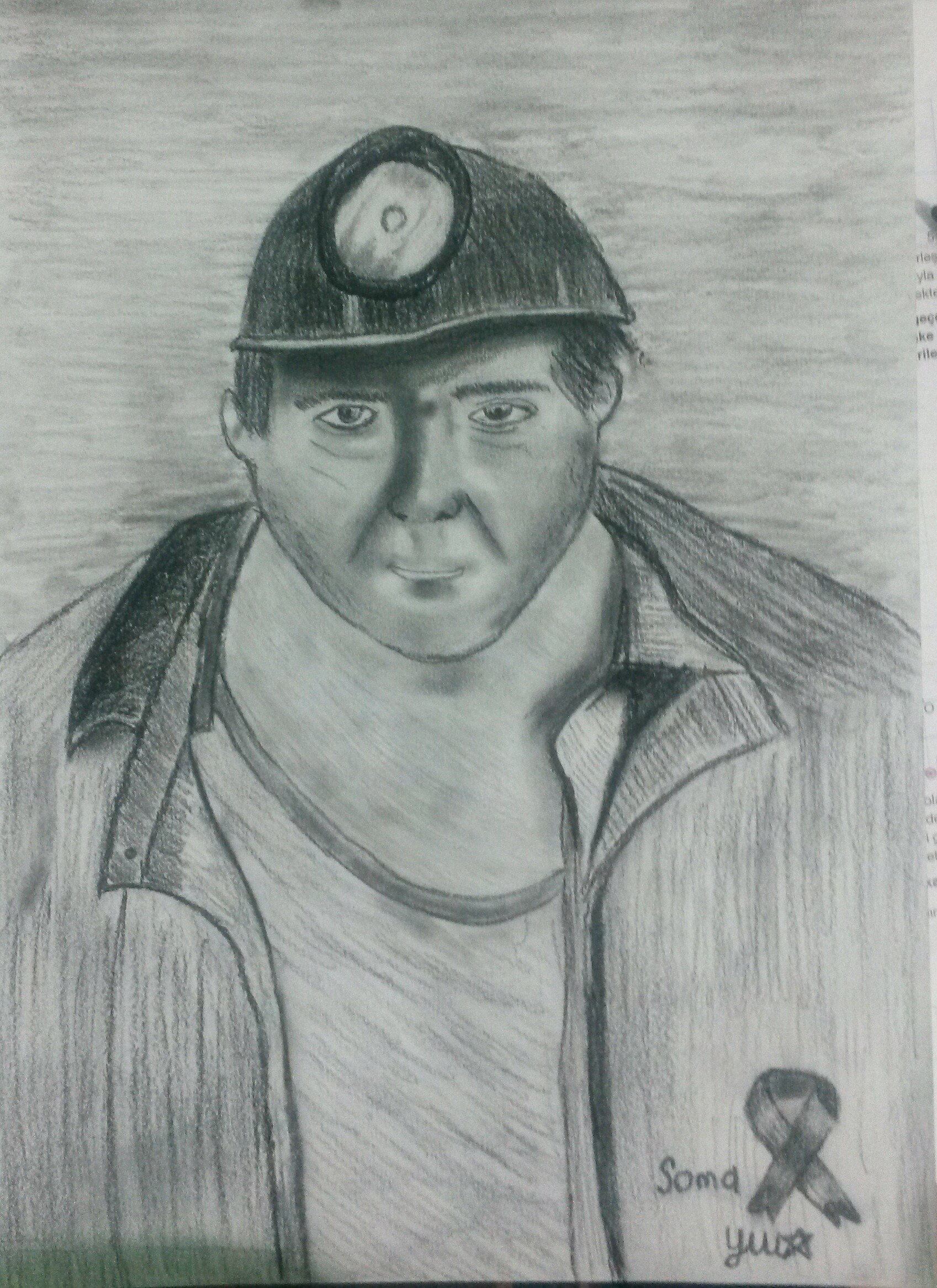Artistic black and white pencil sketch of a man wearing a miner's helmet and jacket, with a thoughtful expression and a small ribbon symbol labeled Soma yuıu.