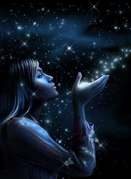 A fantasy scene of a woman gently blowing sparkling stars from her hands against a deep, starry night sky.