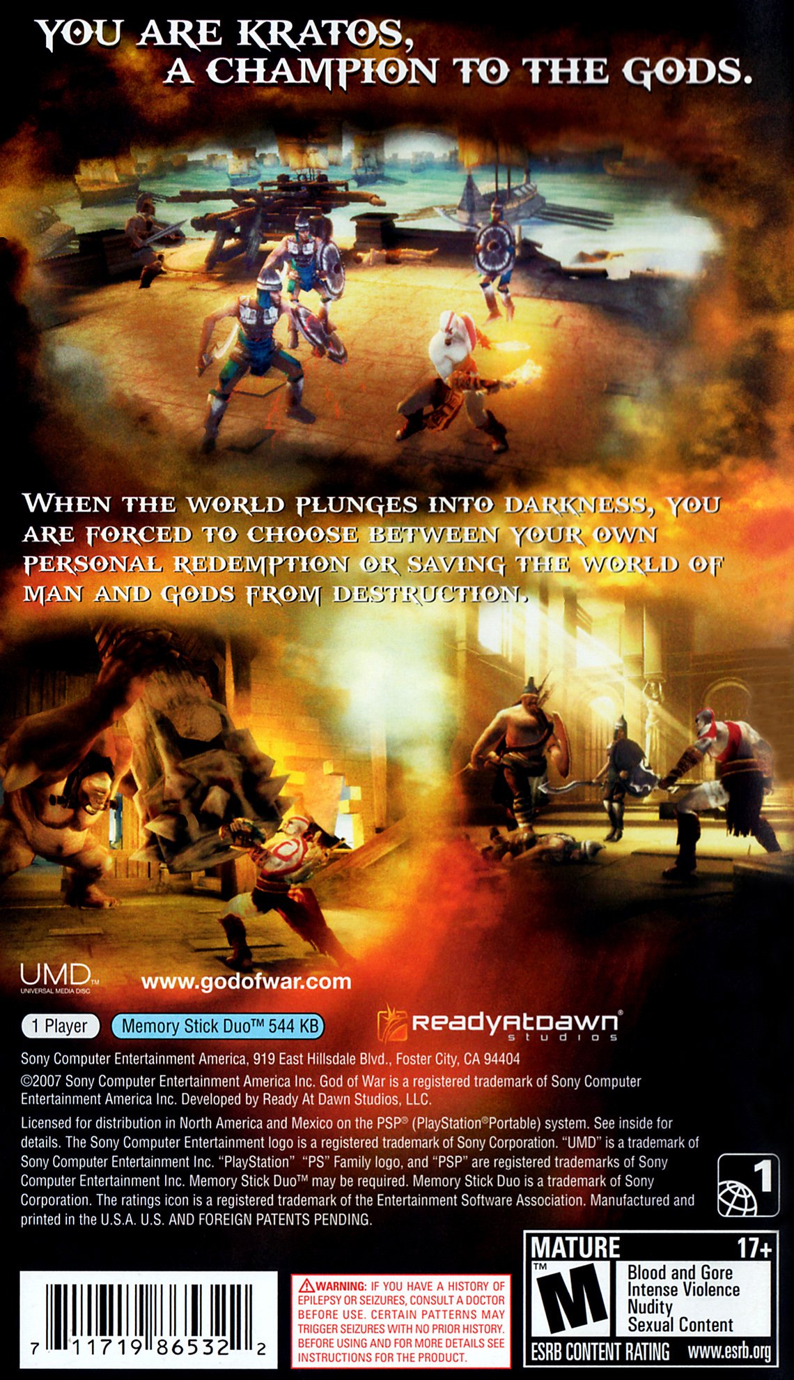 Cover art for the video game God of War: Chains of Olympus showing Kratos battling enemies amid ruined Greek temples and fiery skies.