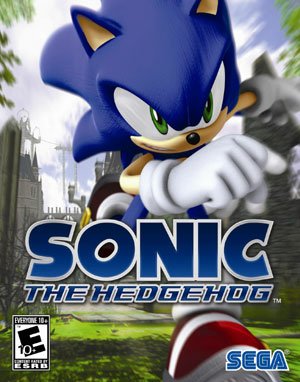 A dynamic image of Sonic the Hedgehog from the video game Sonic the Hedgehog (2006), showcasing the iconic blue character in a vibrant, green landscape.