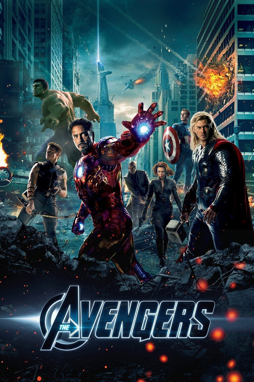 The image shows the main Avengers team, including Iron Man, Thor, Hulk, Captain America, Black Widow, and Hawkeye, ready for battle in a city under attack.