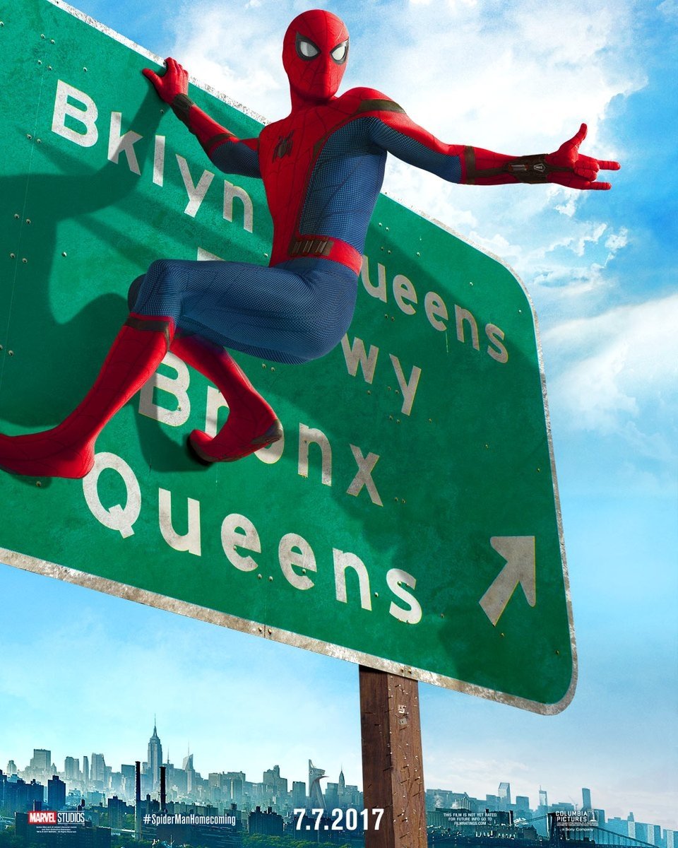 Spider-Man, portrayed by Tom Holland as Peter Parker, strikes a dynamic pose on a highway sign, promoting the movie Spider-Man: Homecoming, set against a city skyline.