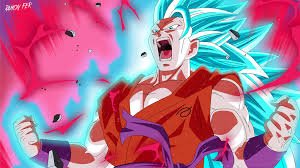 Anime Dragon Ball: Goku in Super Saiyan Blue form screaming, teal hair and radiant blue aura with red energy, fists clenched as debris floats.