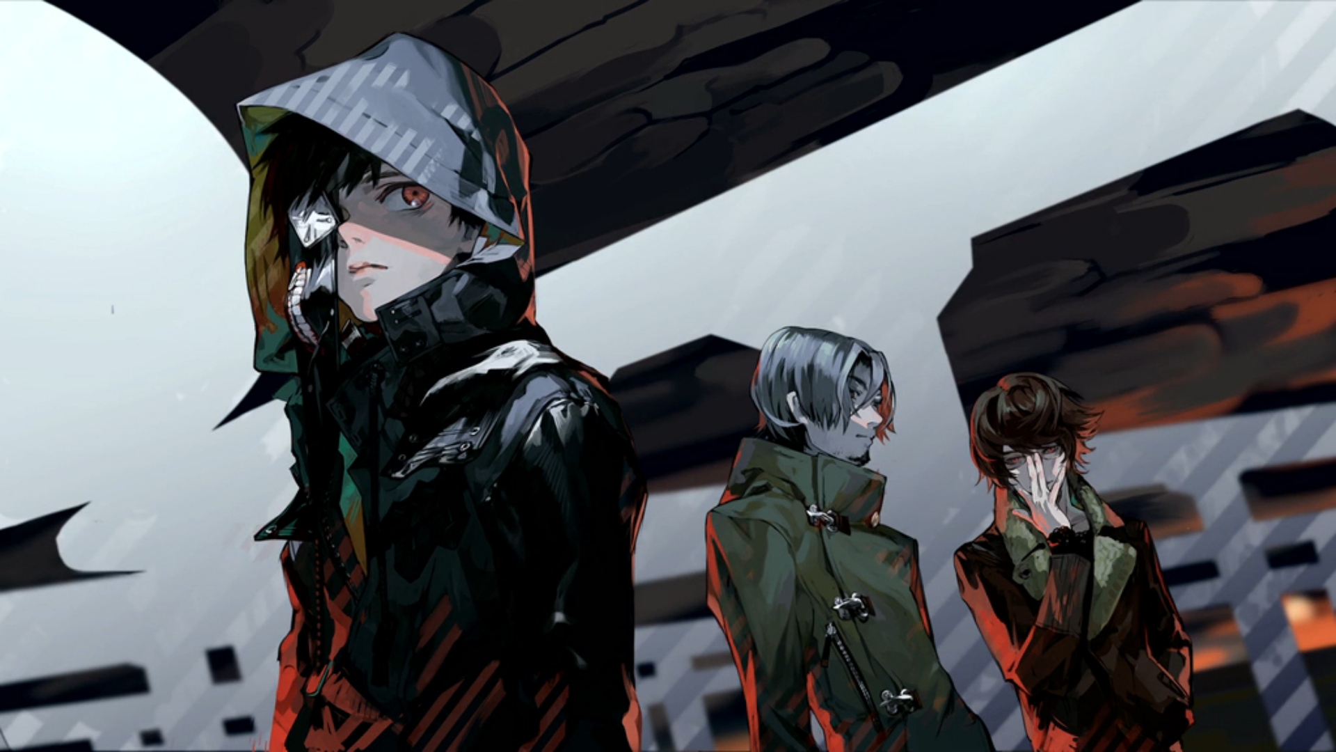 Anime-style illustration from Tokyo Ghoul featuring three characters in dark, urban attire under a dramatic, overcast sky.
