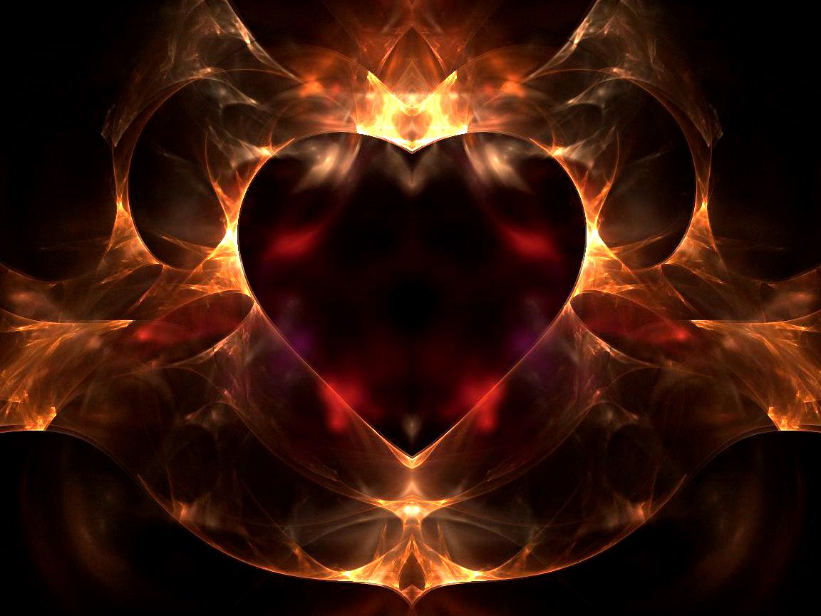 An abstract representation of a heart, glowing with fiery reds and oranges against a dark background, symbolizing love and passion.