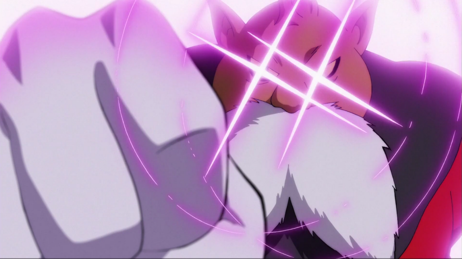 Toppo from Dragon Ball Super summons a powerful energy attack, with a fierce expression and outstretched fist, surrounded by glowing purple energy swirls.