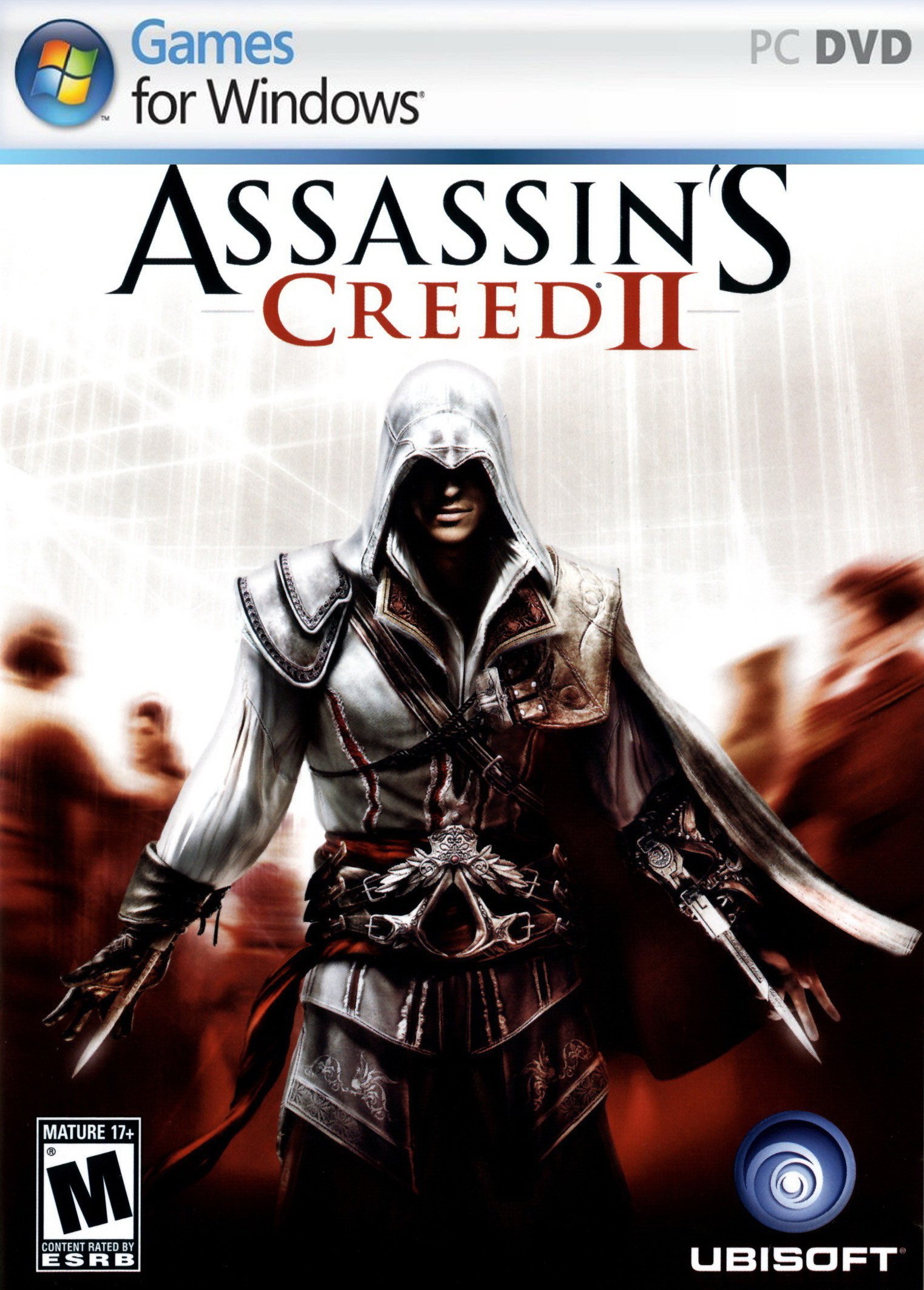 Cover art for the video game Assassin's Creed II features a cloaked character, emphasizing themes of stealth and intrigue. Available for Windows by Ubisoft.