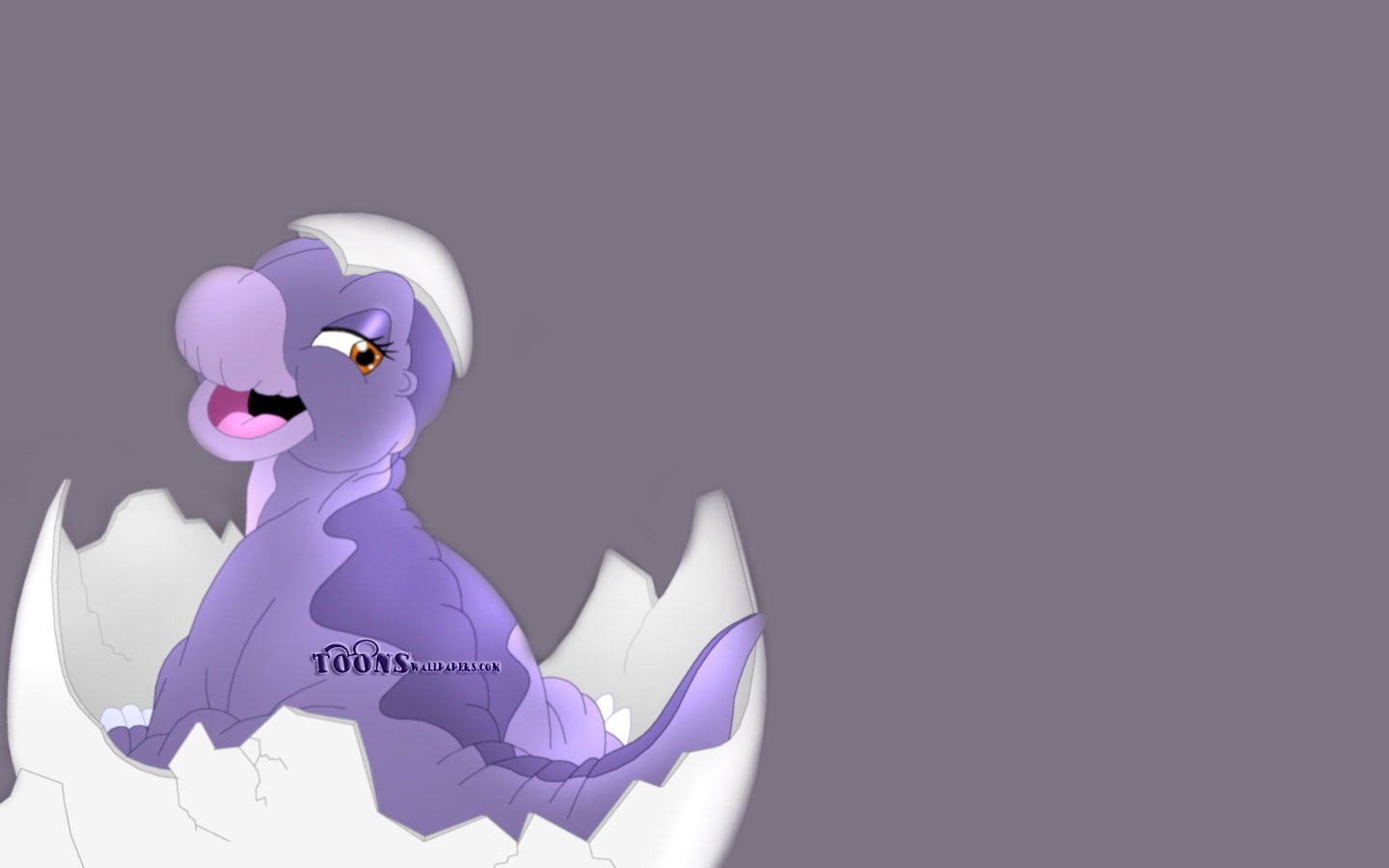 Cartoon purple baby dinosaur cracking out of an eggshell, bright-eyed and smiling, from the movie The Land Before Time.