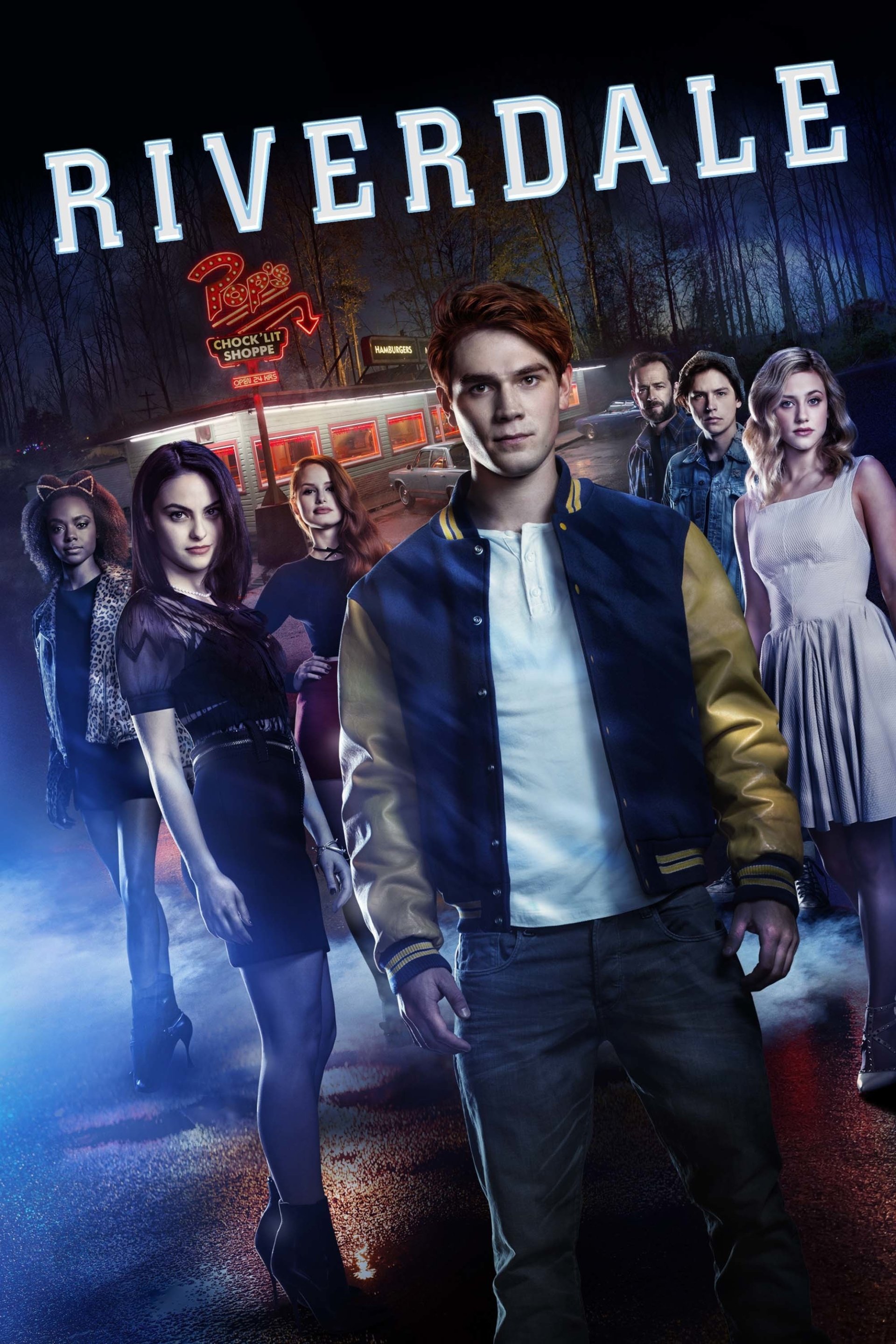Promotional image for the TV show Riverdale featuring main characters standing in front of a neon-lit diner at night.