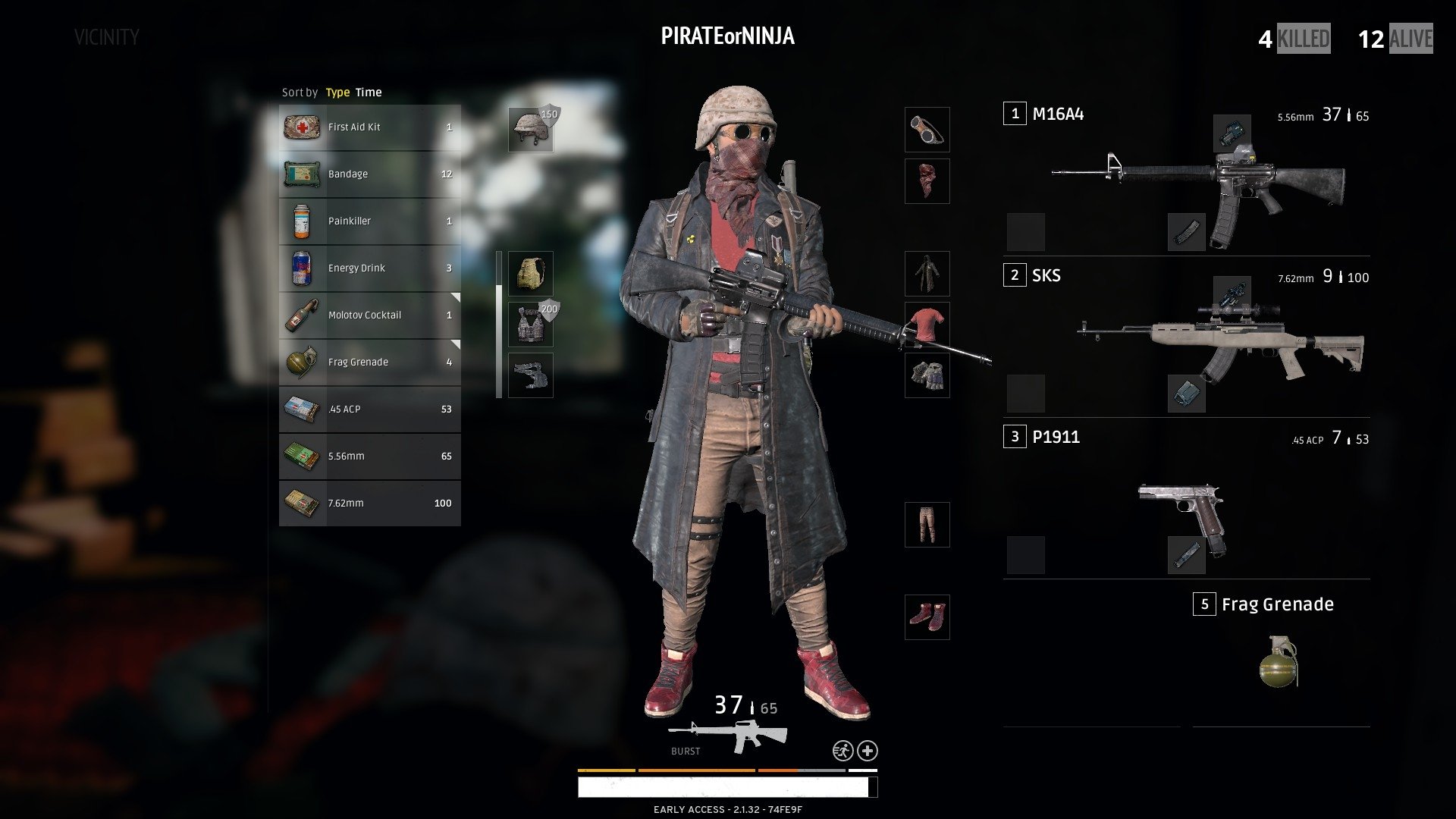 In-game character inventory screen from Playerunknown's Battlegrounds, showing weapons, gear, and player stats.