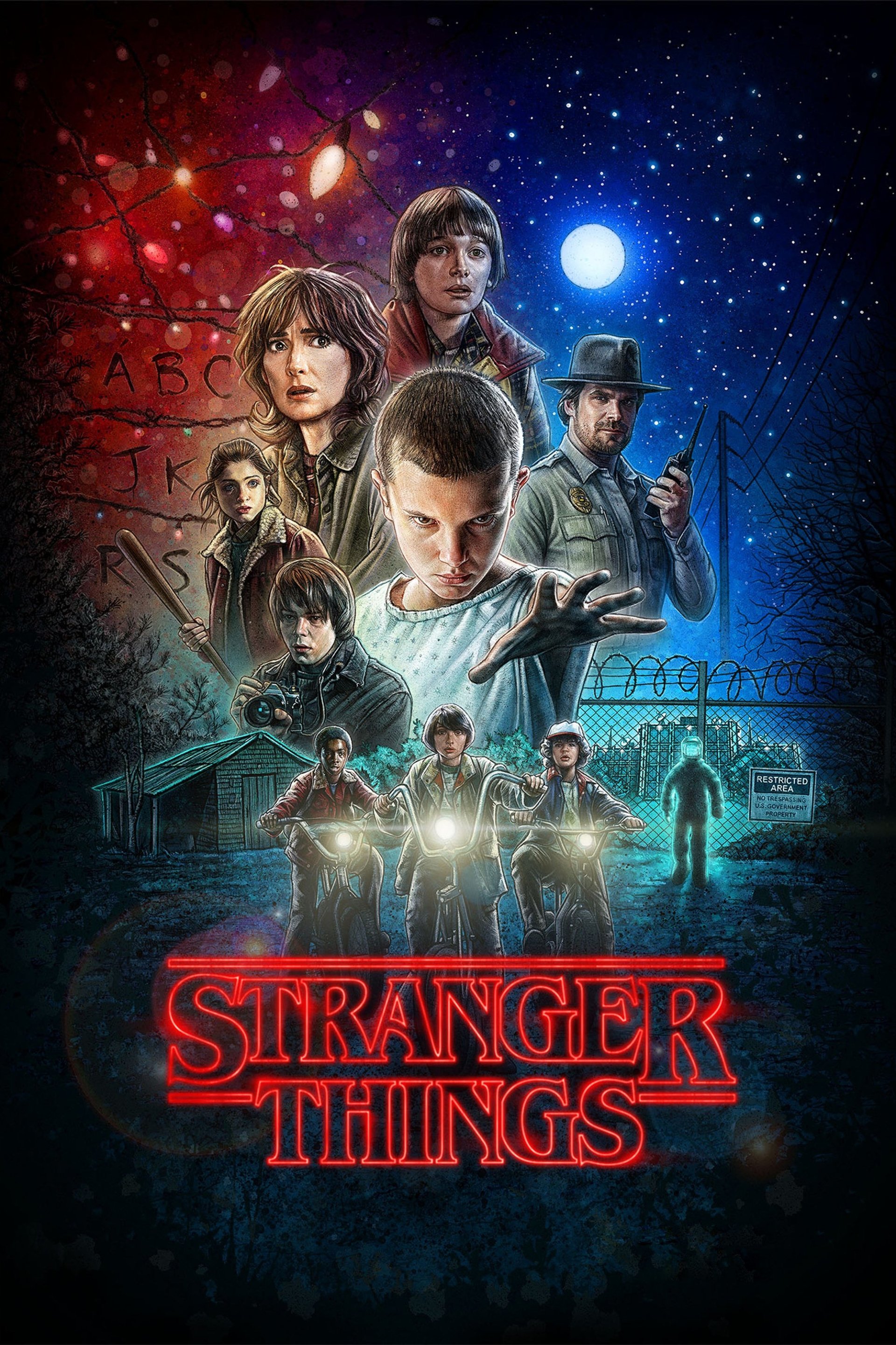 Stranger Things poster: central girl with shaved head reaching out, kids on bikes with headlights, adults by a barbed‑wire fence, glowing alphabet lights and neon red title.